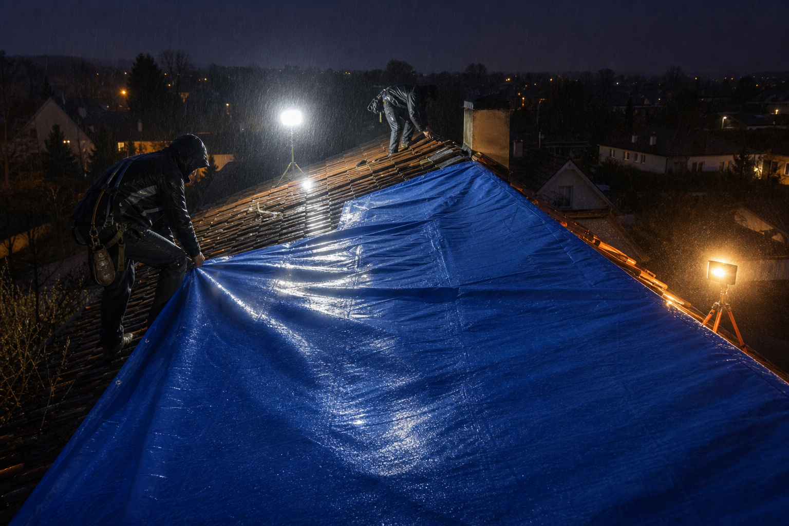 Couvreurs fixant une bâche étanche sur toiture endommagée la nuit