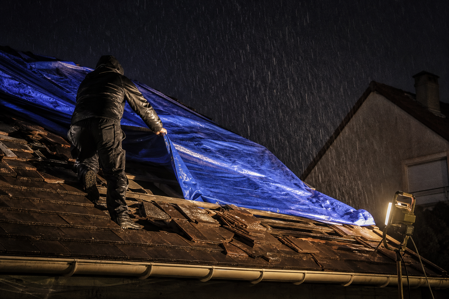 Pose de bâche de protection sur toiture la nuit par Alpha Batiment