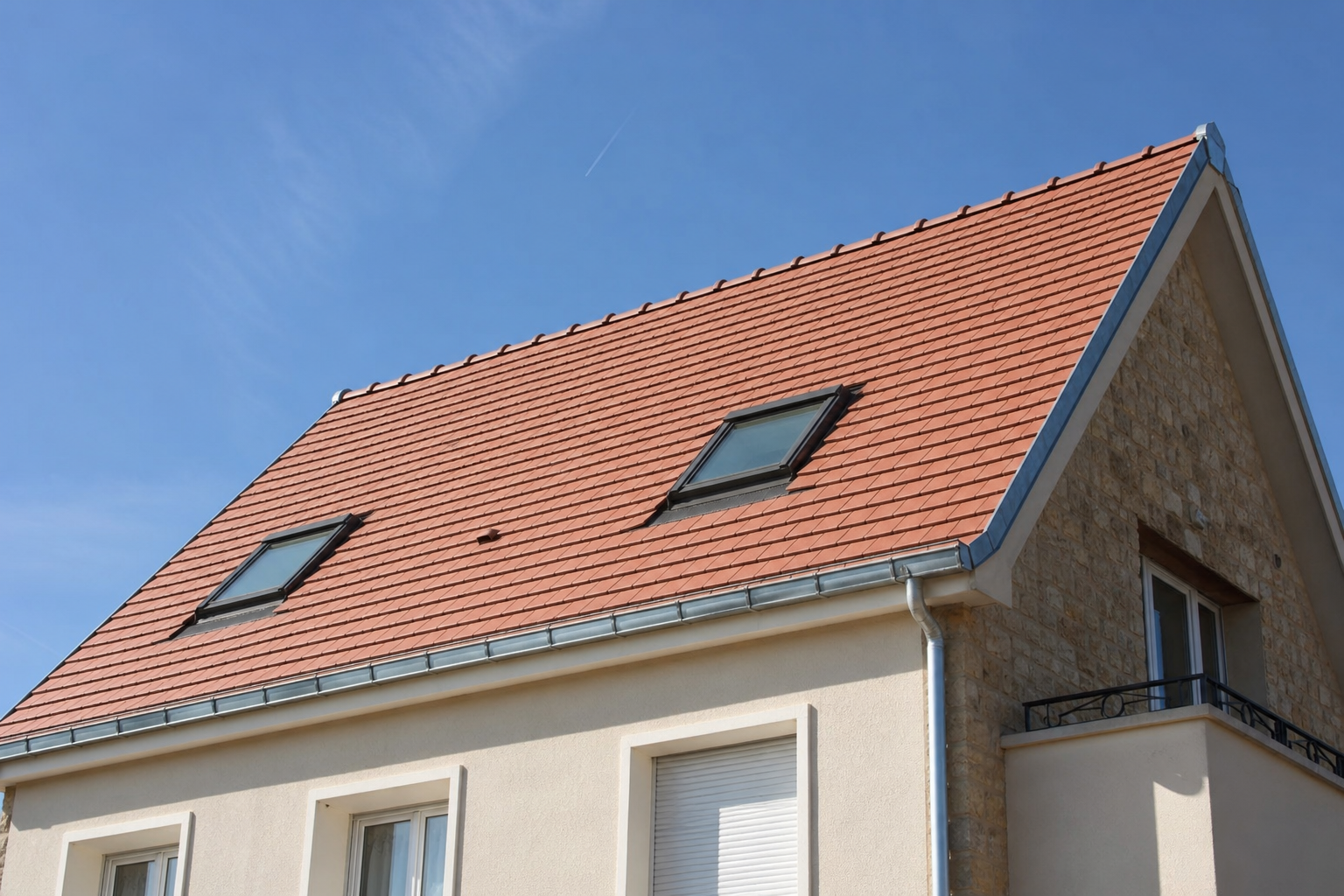 Toiture neuve terminée avec tuiles et gouttières zinc sur maison individuelle