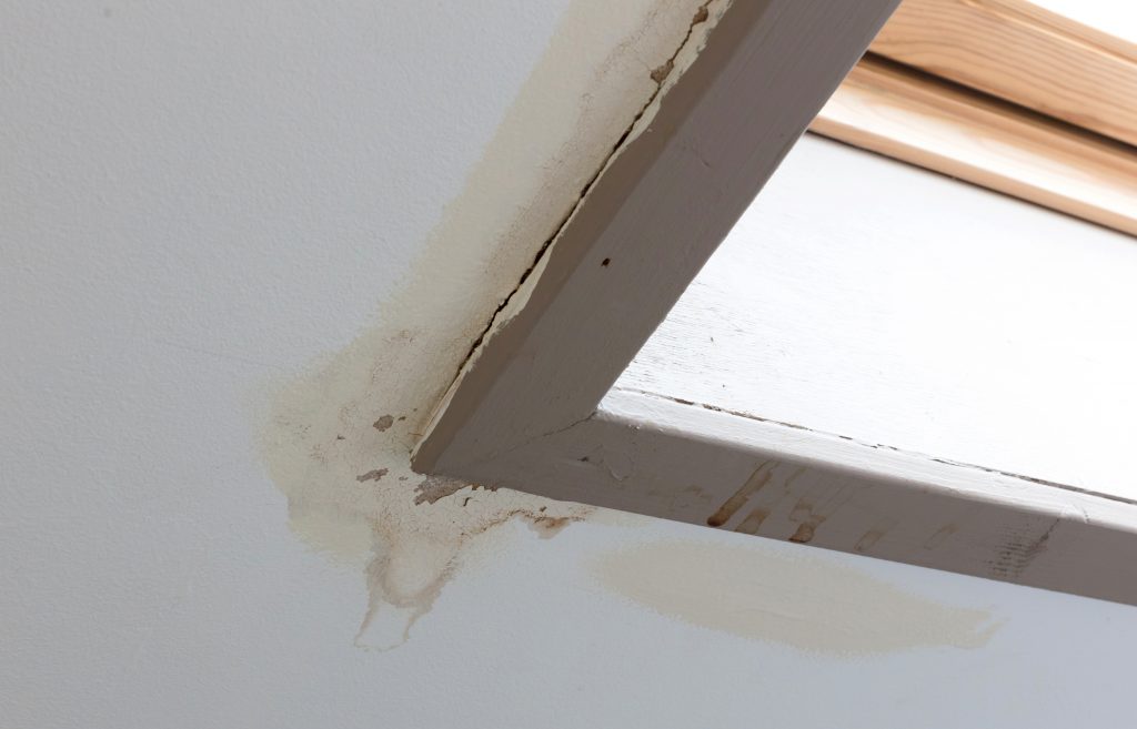 Tache d'infiltration et d'humidité sur un plafond causée par une fuite de toiture